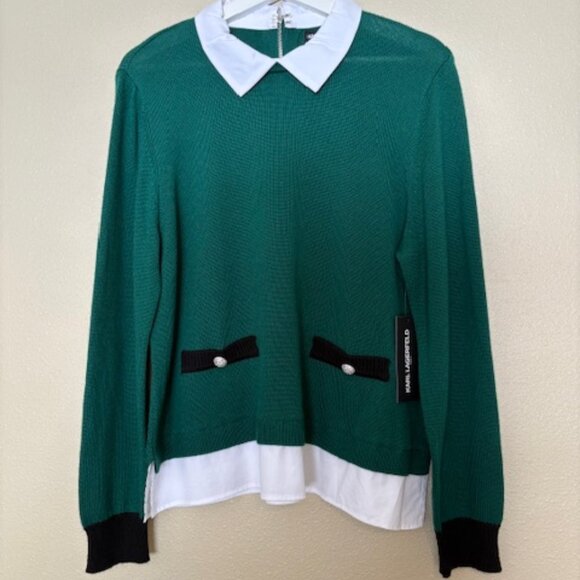 Karl Lagerfeld Paris Layered Essentials - Green Wool Blend Sweater Sz L - Picture 1 of 14